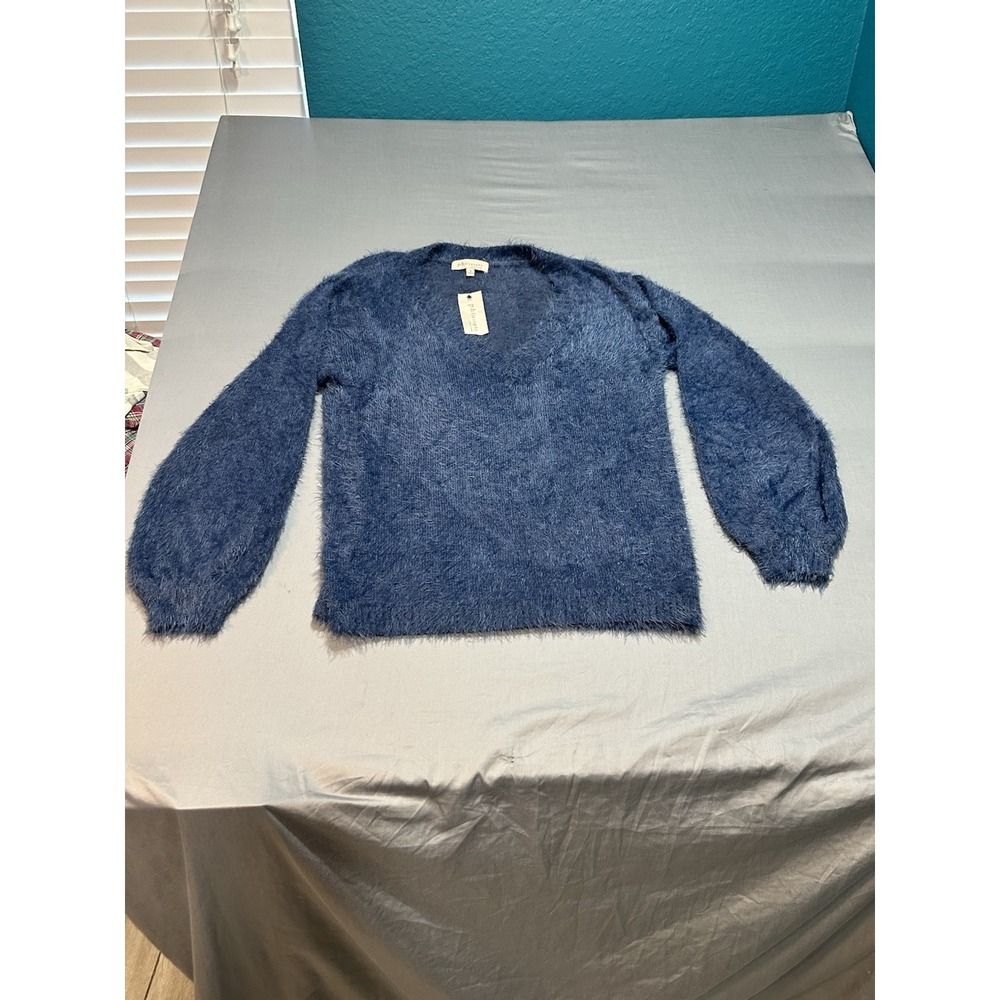NWT PHILOSOPHY Blue Sweater Womens M Soft Fuzzy V Neck Casual Oversized Coastal